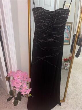 Cache Black Strapless Evening Gown with Rhinestone Wave Detail